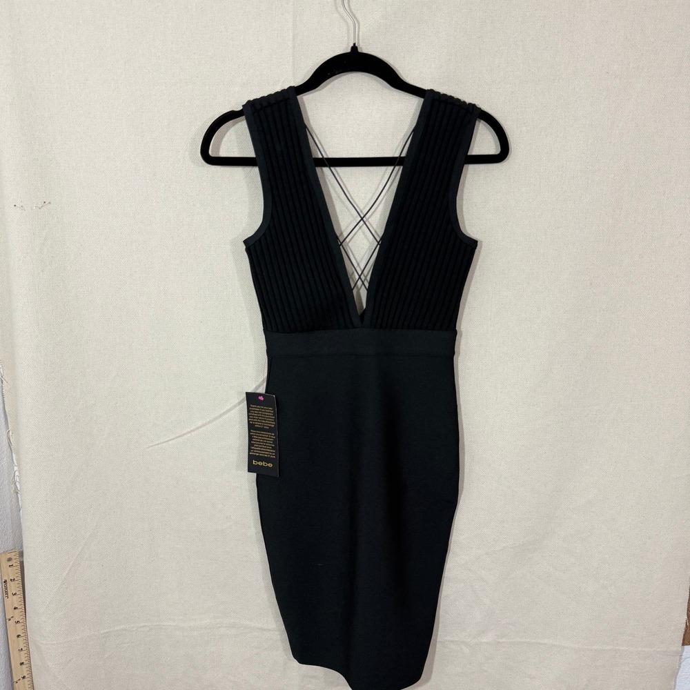 Bebe Bandage Strappy Midi Dress Jet Black XXS 106115 Bodycon V-Neck New